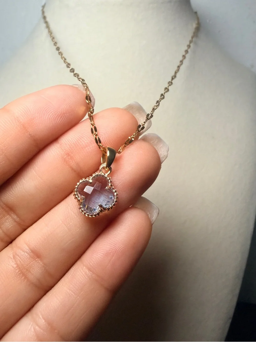 Gold Pendant Necklace with Light Blue Clover Stone